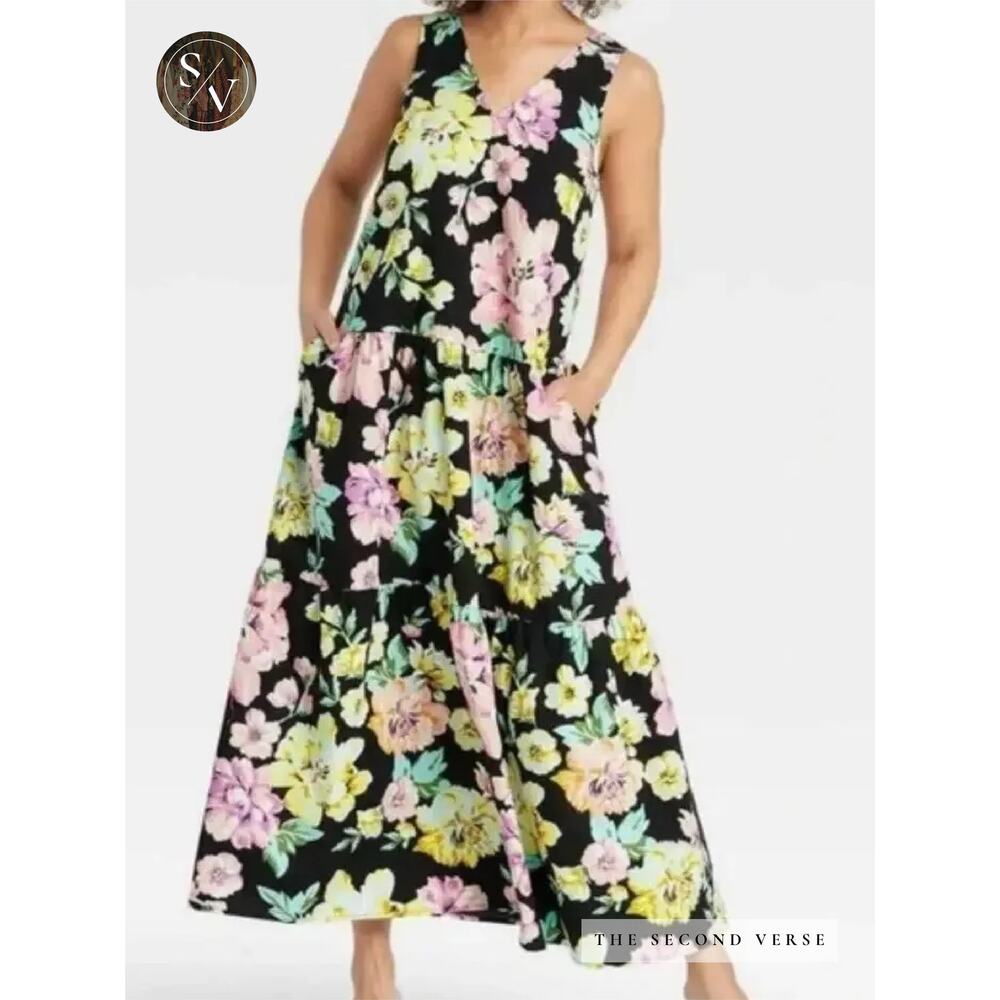 Who What Wear Floral Tiered Floral Midi Dress Women Cottagecore Black Multi S